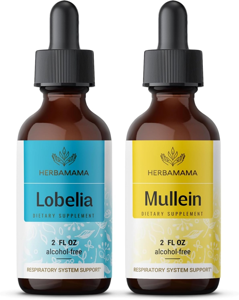 HerBAMAMA Herbal Liquid Drops Kit - Bundle of Lobelia Extract and Mullein Leaf Tincture 2 fl oz - Vegan, Non-GMO, Sugar &amp; Alcohol-Free - 2 Pack