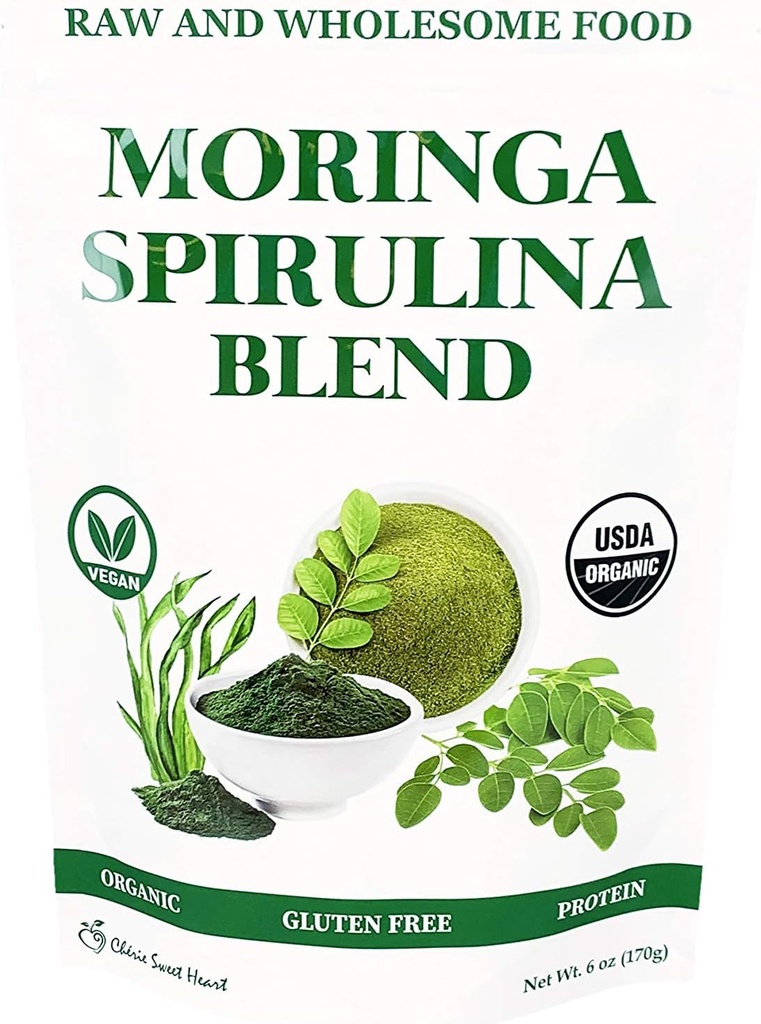 Chérie Sweet Heart Organic Moringa " Spirulina Superfood Blend, 6 oz – USDA Organic, Non-GMO, Vegan, Gluten-Free Supergreens Powder for Energy, Detox " Daily Wellness