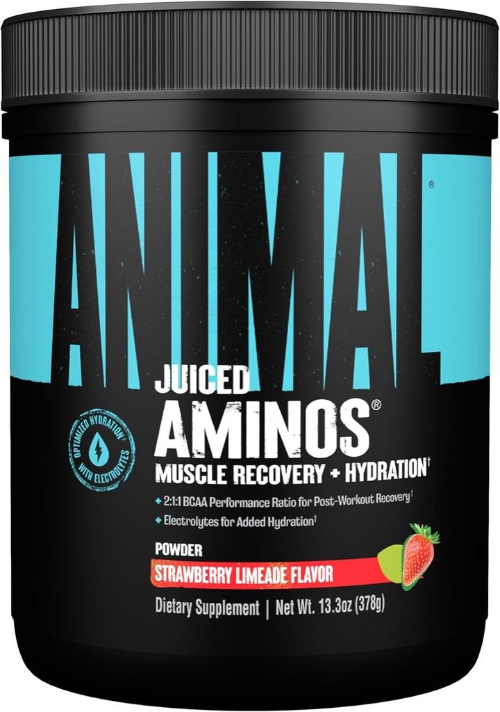 Animal Juiced Amino Acids - BCAA Powder EAA Matrix Plus Hidratación con electrolitos y sal marina Recuperación y rendimiento mejorado, Strawberry Limeade Flavor, 30 Servimientos