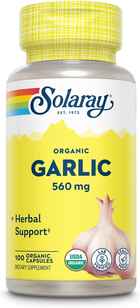Solaray Organic Garlic Pills - 560 mg Garlic Supplements for Heart Health Support - USDA Organic Garlic Capsules - Vegan - 60-Day Money-Back Guarantee - 100 Servings, 100 VegCaps
