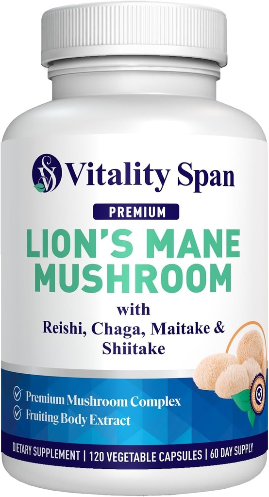 Lions Mane Supplement Capsules - Mushrooms Extract: Chaga, Maitake, Reishi & Shiitake Mushrooms | Pure Fruiting Body | Nootropic, Focus, Brain and Cognitive Support | 120 Veggie Caps