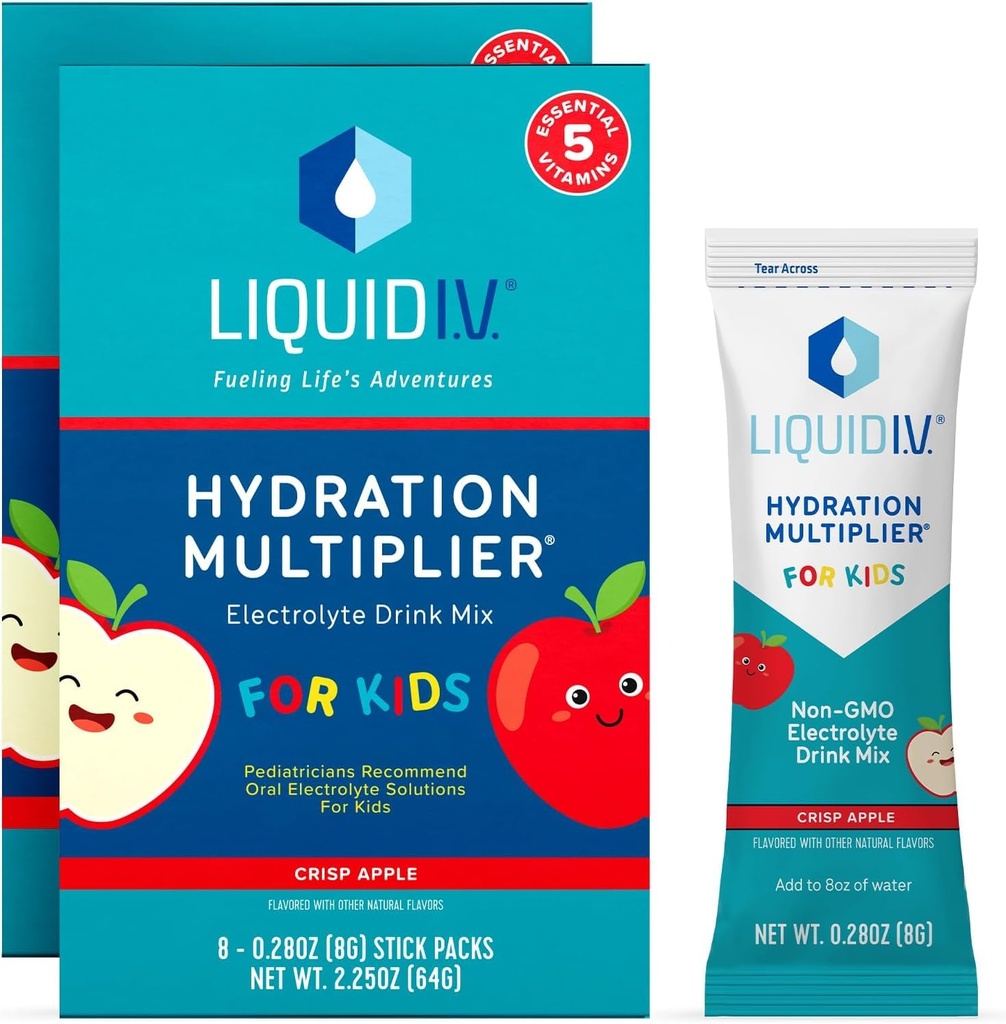 Liquid I.V.® Hydration Multiplier® +Kids - Crisp Red Apple ¦ Electrolyte Powder Drink Mix tención 2 Pack (16 Servings)