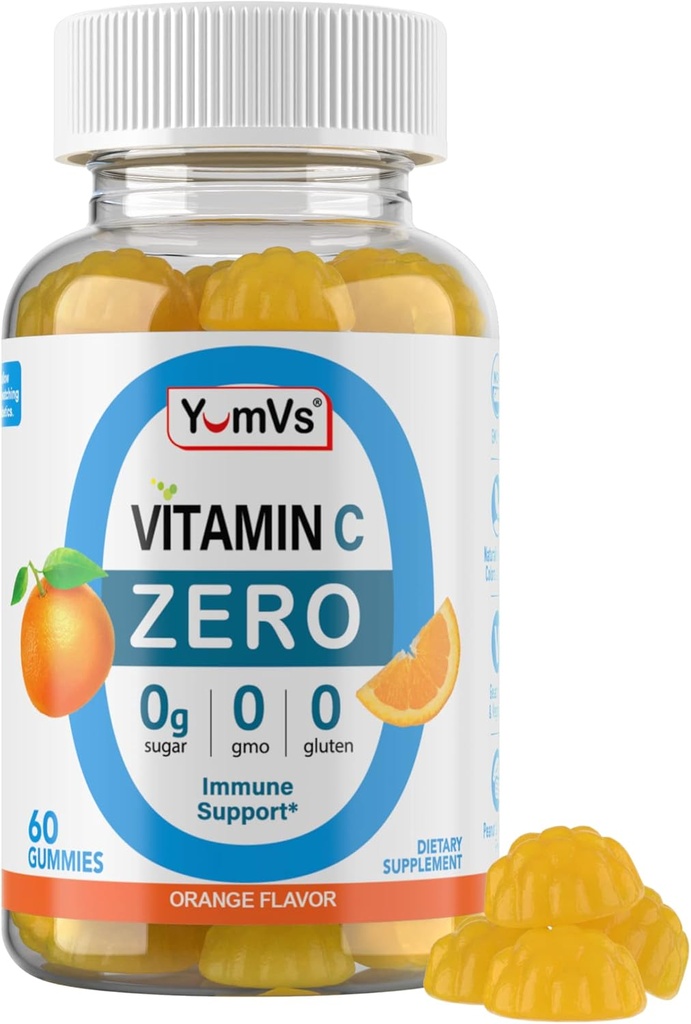 Yum-Vs - Zero Sugar Vitamina C Gummies para Adultos &amp; Niños - 250 mg VIT C Immune Support Gummy Vitaminas - Sugar Free Chewable Vitamina C Suplemento Gummy - High Potency Vegetarian Vitamina C Boost (60)