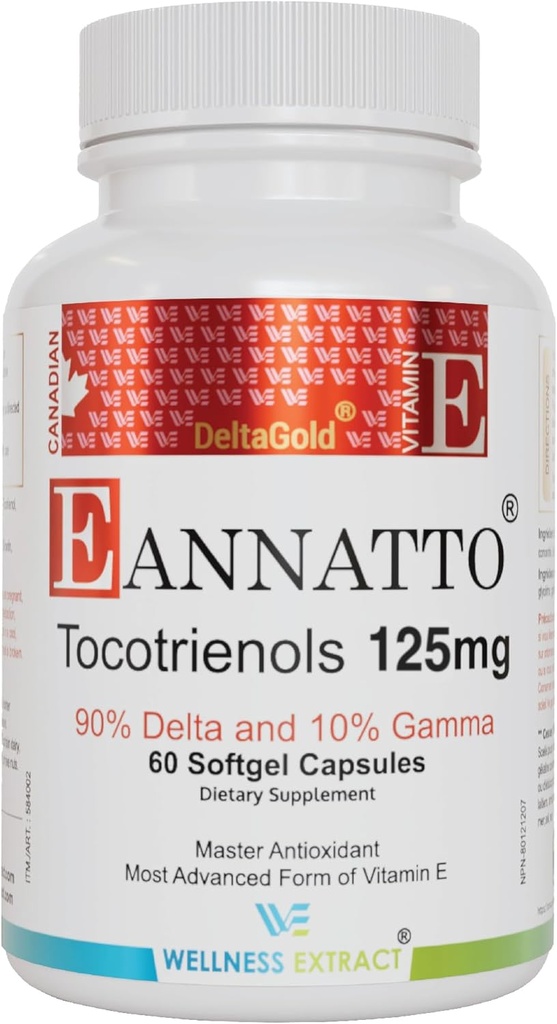 WELLNESS EXTRACT Eannatto Tocotrienols Vitamina E Suplementos Tocopherol Free, Non-GMO, Gluten Free & Antioxidant (125MG 60 Softgels)