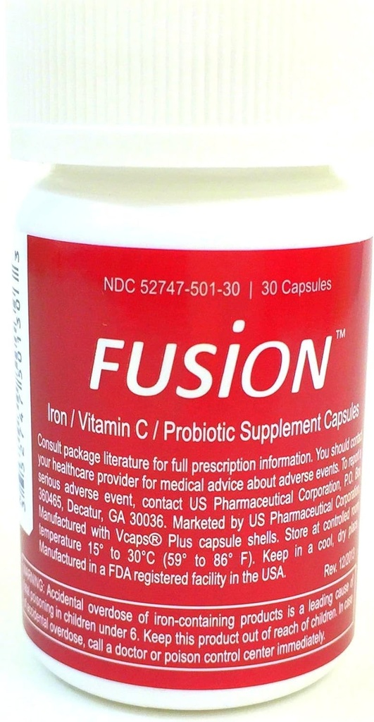 Fusion Iron Suplemento - 65 mg Ferrous Fumarate - 65 mg Polysaccharide Iron Complex Boosted by Patented Probiotics and Vitamin C