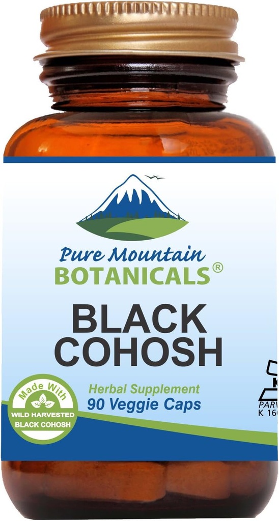 Pure Mountain Botanicals Black Cohosh Capsules - 90 Kosher Vegan Caps - Ahora con 500mg Wild Black Cohosh Root - Natures Support for Menopause