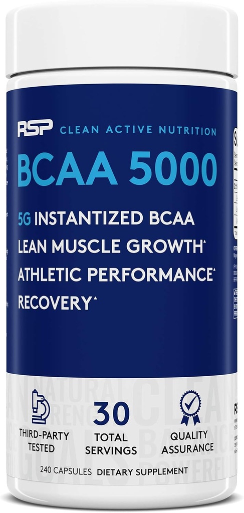 RSP BCAA 5000 (30 Serv), Cápsulas BCAA Premium para la recuperación del músculo del entrenamiento posterior, resistencia & energía, 5g de ácidos de cadena ramificados esenciales por servicio