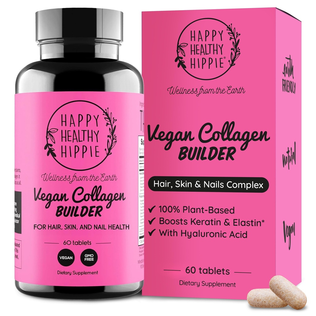 Vegan Collagen Builder w / Ácido hialurónico – Piel de pelo y uñas Vitaminas para el flujo juvenil ¦ Keratin & Elastin Booster ← Bones, Cartilage, Tendons  durable Vitamina A, L-Lysine ¦ Vegetarian ← Non-GMO, 60 Ct