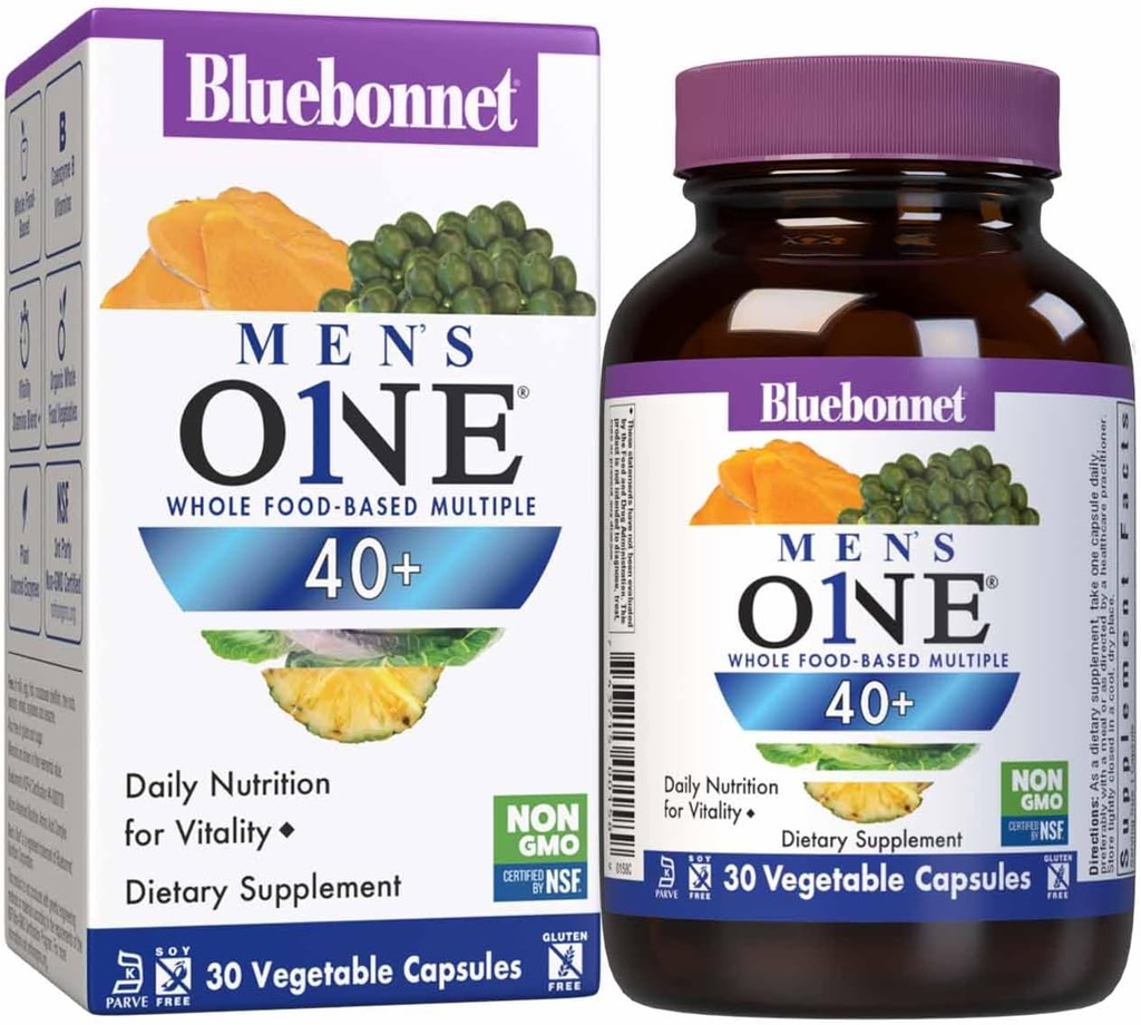 BlueBonnet Nutrition Mens' ONE 40+ Full Food-Based Multiple, Men Multivitamin for Men 40+, Soy-Free, Non-GMO, Gluten Free, Kosher, 30 Vegetable Capsules, 30 Servings