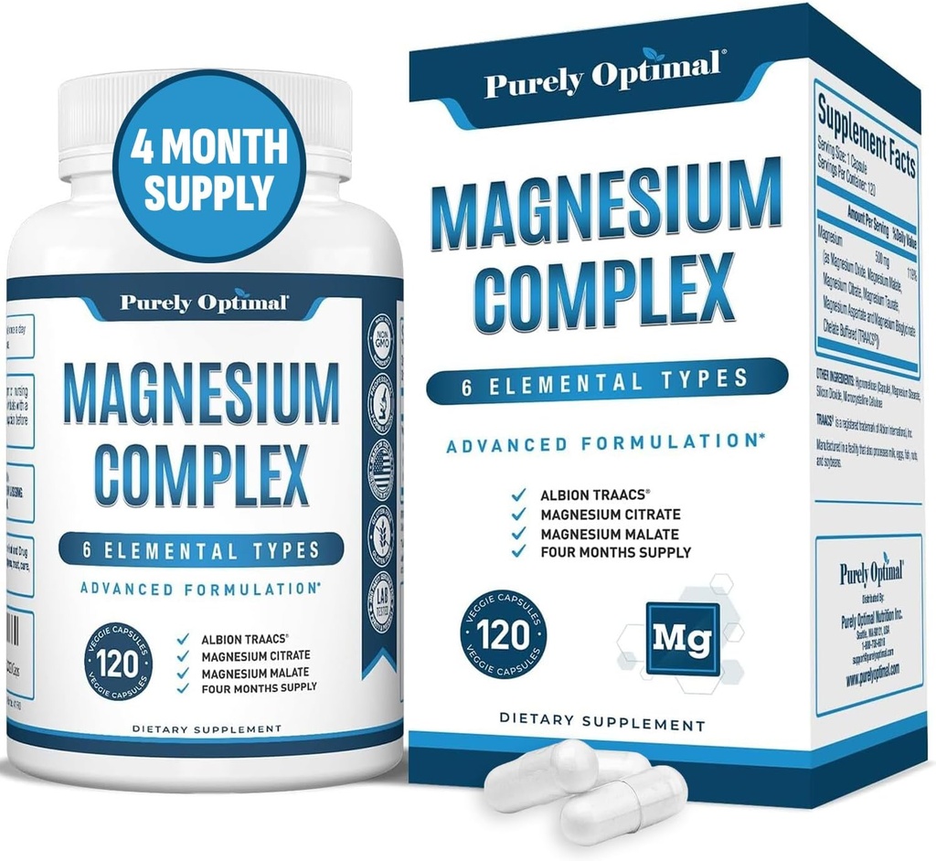 Complejo Magnesio Puramente Optimal - 6 Formas Magnesium Glycinate, Citrate & Malate - Apoyo al sueño, Estrés Alivio, Musculos, Salud del Corazón &amp; Relajación - Suplemento Magnesio para Mujeres &amp; Hombres, 120 Caps