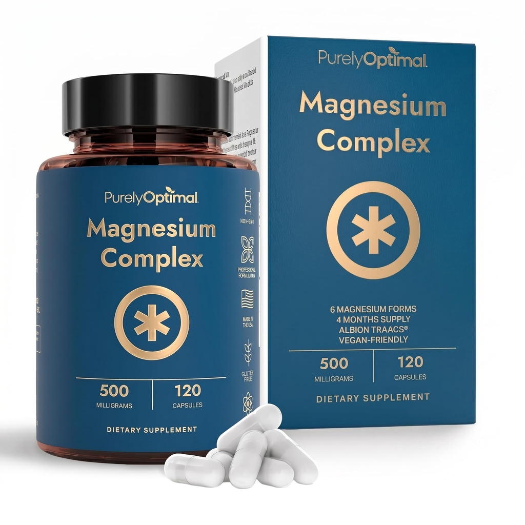 Purely Optimal Magnesium Complex - 6 Forms Magnesium Glycinate, Citrate & Malate - Sleep Support, Stress Relief, Muscles, Heart Health & Relaxation - Magnesium Supplement for Women & Men, 120 Caps