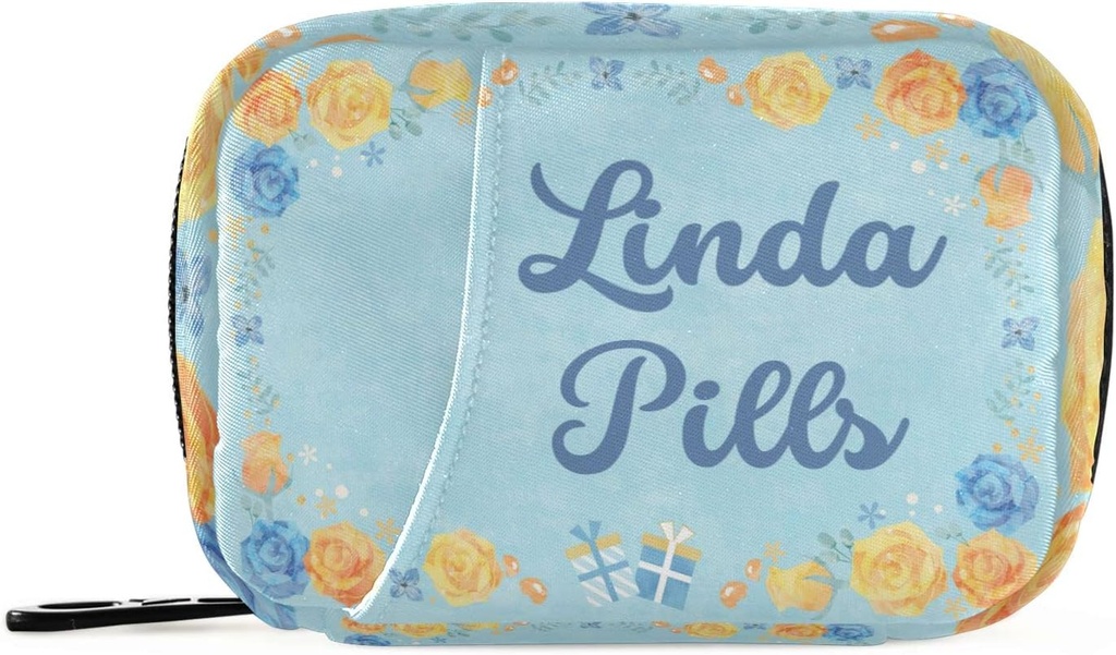 Caja de píldoras personalizada 7 días Pill bolsa de caja Blue Yellow Flower Nombre personalizado Travel Pill Organizer Bag with Zipper Portable Caja semanal Compacta Tamaño para el sujetador de suplemento de vitamina