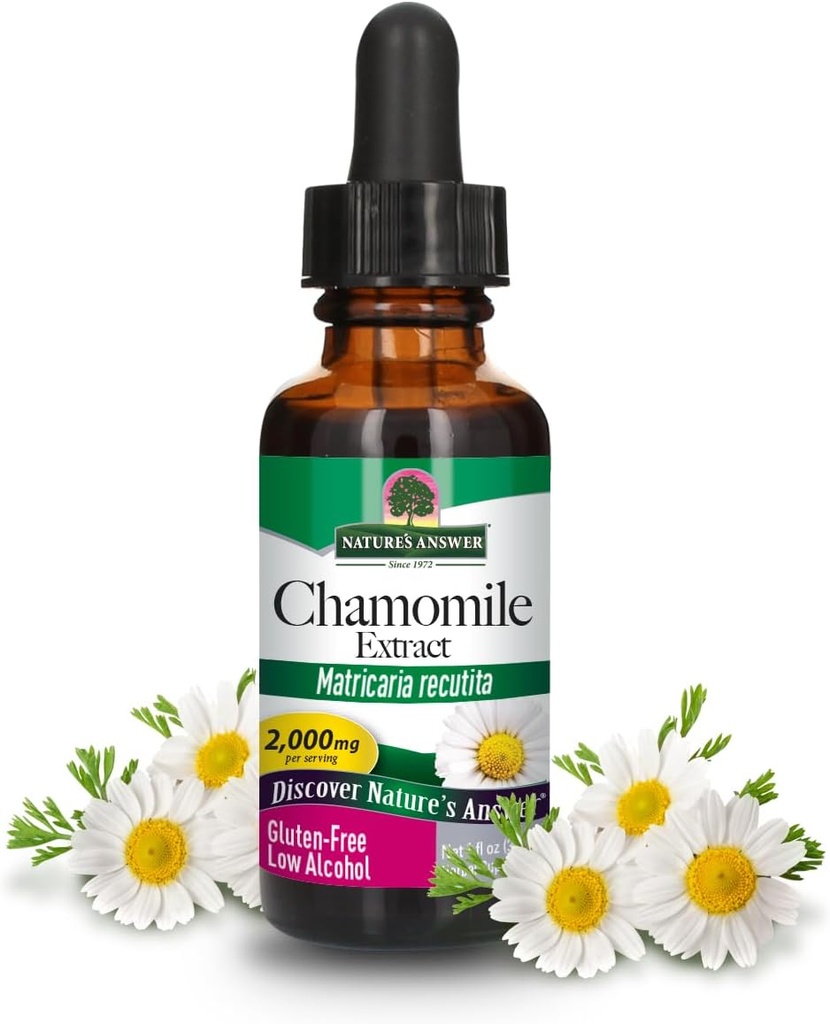 Respuesta de la naturaleza Flores de manzanilla con alcohol orgánico 2000mg 1oz Extracto ← Soporte de mandioca Apoyo Silencioso Libre de gluten, No-GMO, Vegan, Sin Sabores o Preservadores Artificiales