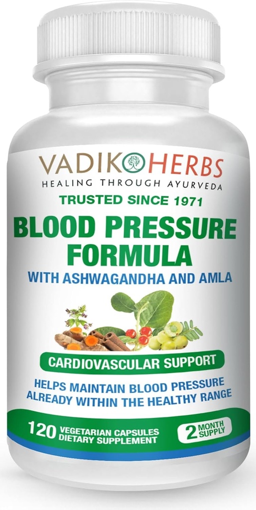 Vadik Herbs Blood Pressure Fórmula con Ashwagandha y Amla Respuestas Normal Cardiovascular & Circulatory Health -Vitamins & Herbs Apoyo Normal Heart Health ← 120 Vegetarian Capsules