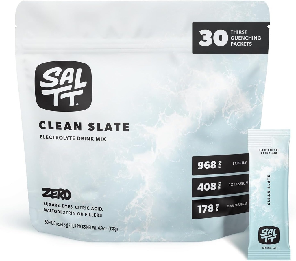 SALTT Electrolytes Powder Unflavored Drink Mix - Clean Slate - 30 Hydration Packets - Magnesium, Potassium, Sodium, Trace Minerals - Zero Sugar & Gluten Free - Travel Essentials