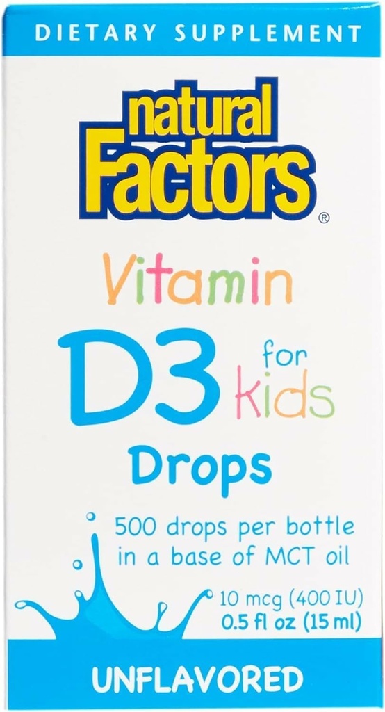 Factores naturales, vitamina D3 gotas 400 UI (10 mcg) para niños, soporta huesos fuertes y función de inmune, 0,5 fl oz, 0,5 Oz