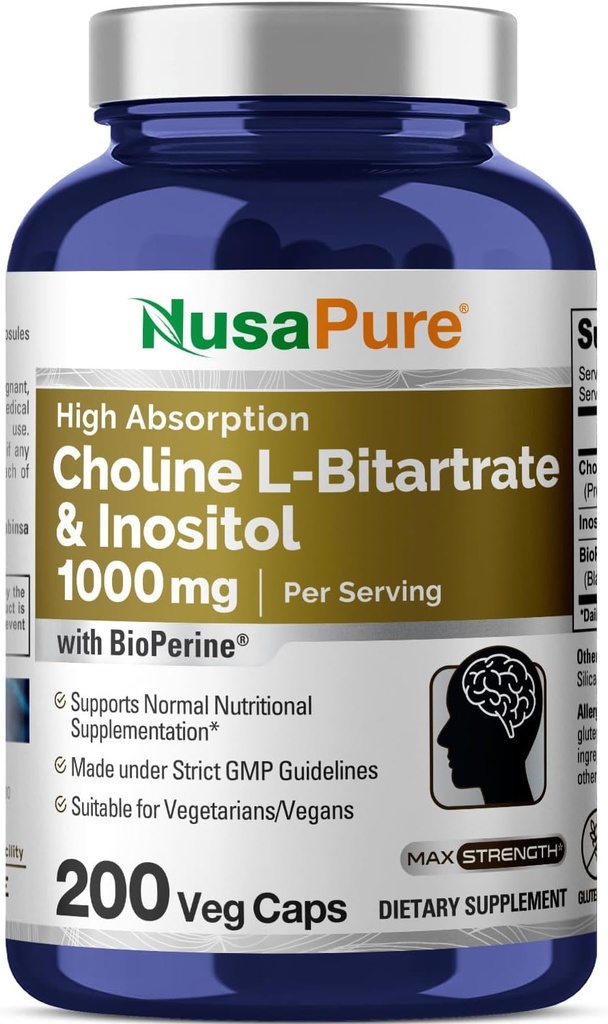 NusaPure Choline " Inositol 1000mg - 200 Veggie Caps (100% Vegetariano, No GMO) Bioperina