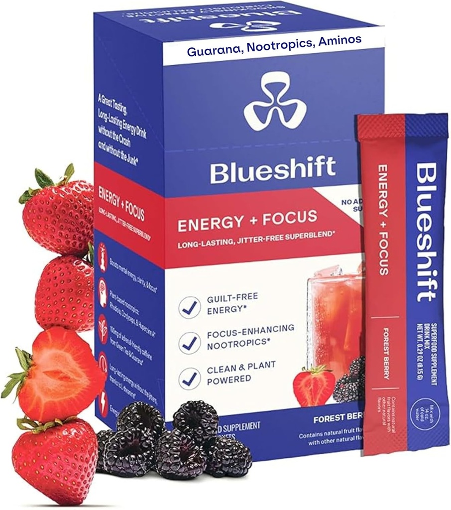 Blueshift Energy + Focus - Less-Sweet Super Clean Plant-Based Energy Drink for Adults, with Guarana, Green Tea, Rhodiola, Caffeine, B Vitamins for Clarity & Focus, No Sugar - Powder Sticks (10 Pack)
