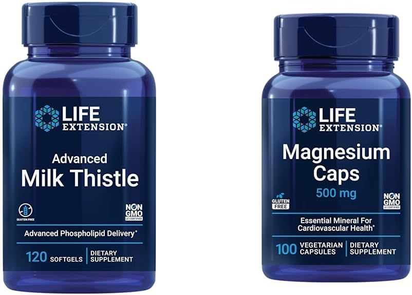 Extensión de la vida Advanced Milk Thistle 120 Softgels y Magnesium 500mg cápsulas para la salud del hígado, soporte de desintoxicación, salud cardíaca y huesos saludables