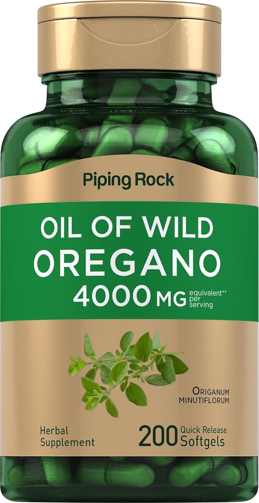 Piping Rock Oregano Oil Softgel Capsules 4000mg  200 Pills ← Herbal Extract Supplement ← Wild Harvested ← Non-GMO, Gluten Free