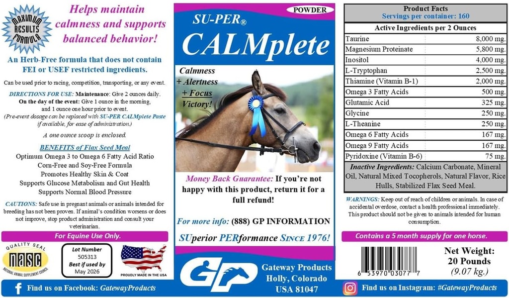SU-PER CALMplete Calming Horse Supplement - Maintain Calmness & Balanced Behavior - Thiamine, Tryptophan & Magnesium - 20 libras, 5 meses de suministro (150 días)