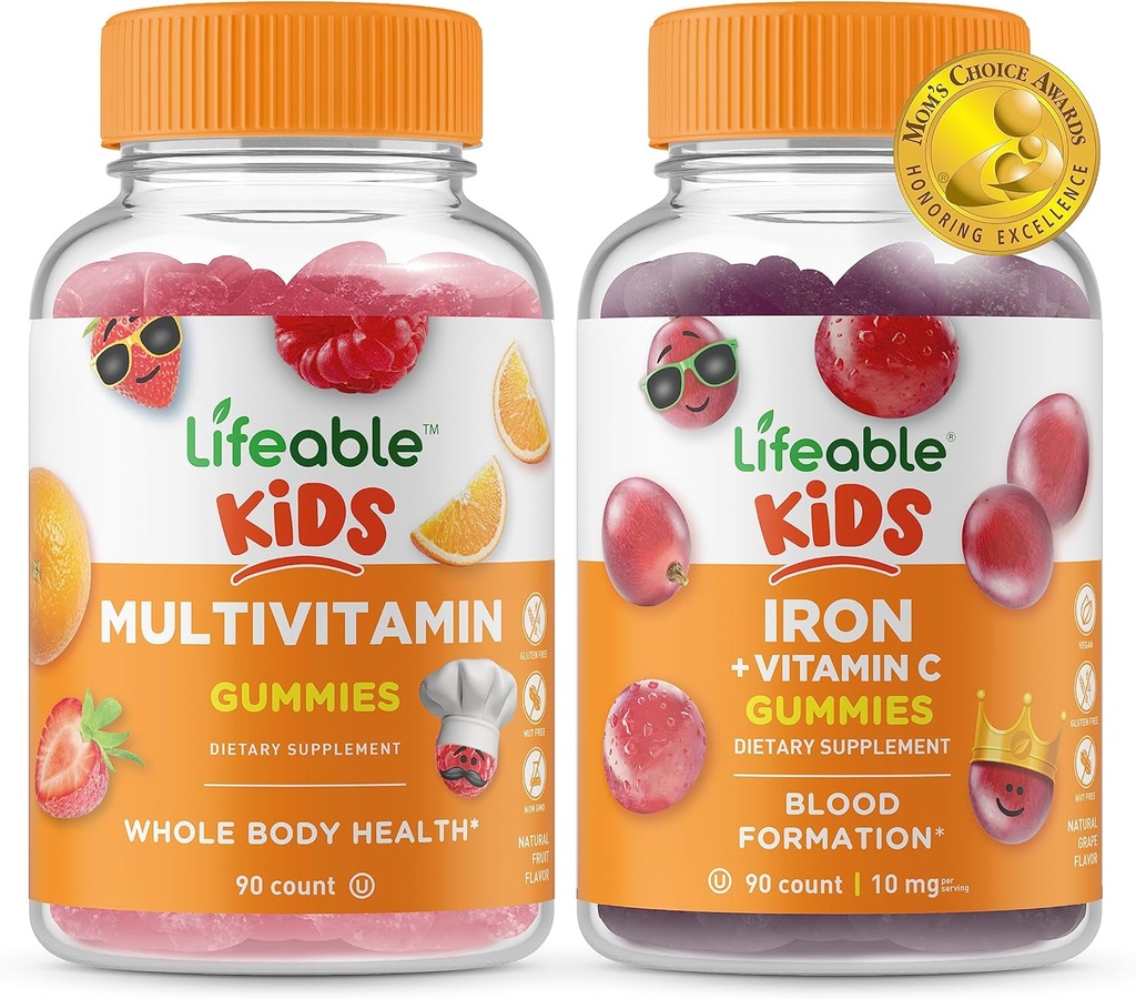 Niños multivitamínicos vivos + Hierro &amp; Vitamina C Kids, Gummies Bundle - Gran Tasting, Suplemento de vitaminas, Gluten Free, GMO Gratis, Chewable Gummy