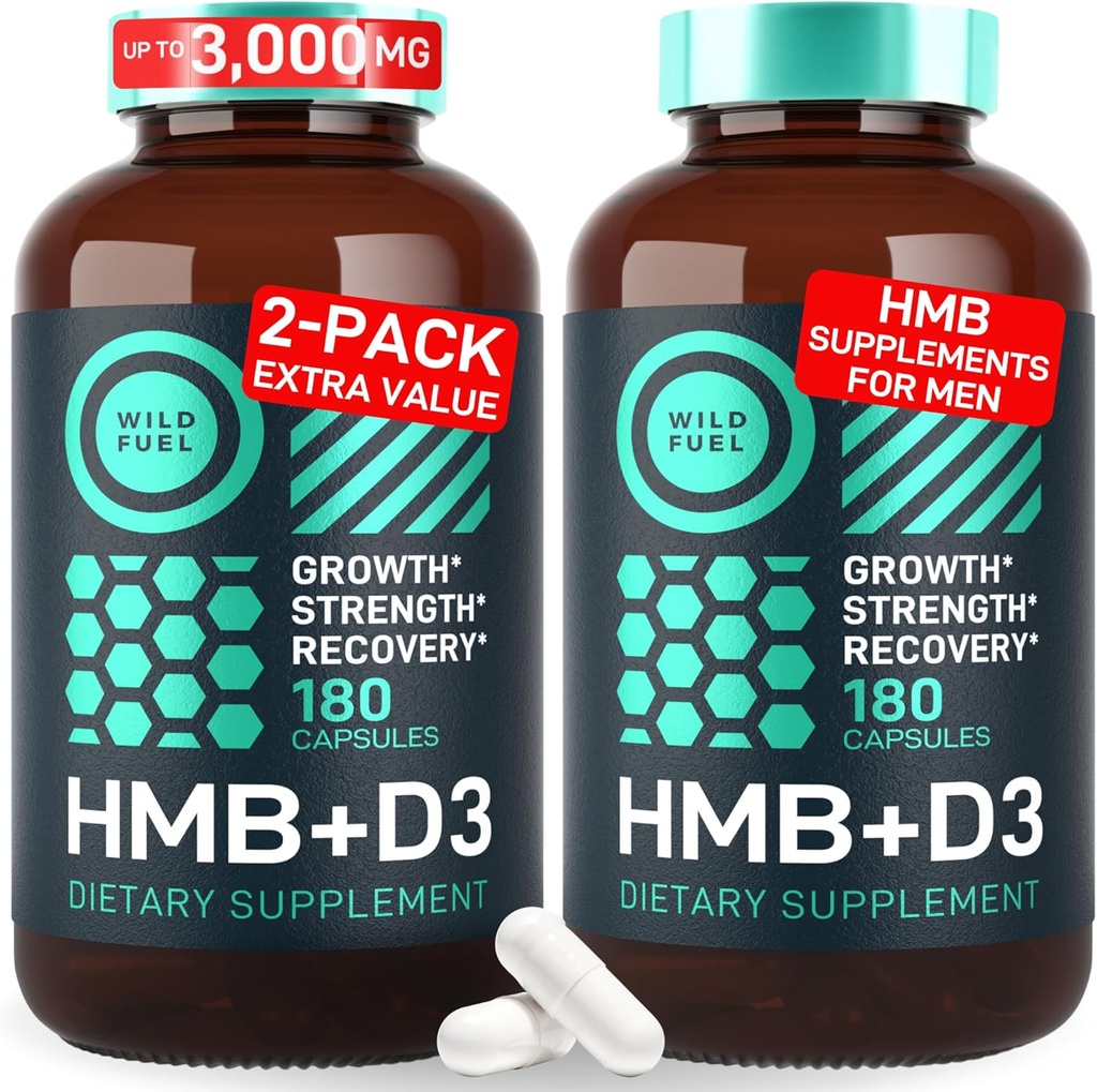 HMB y vitamina D3 Suplemento cápsulas - B-Hydroxy B-Metilbutyrate 1,000-3,000 MG HMB Suplementos con vitamina D3 - Crecimiento muscular, fuerza, rendimiento, preparación, recuperación muscular - 360 cápsulas