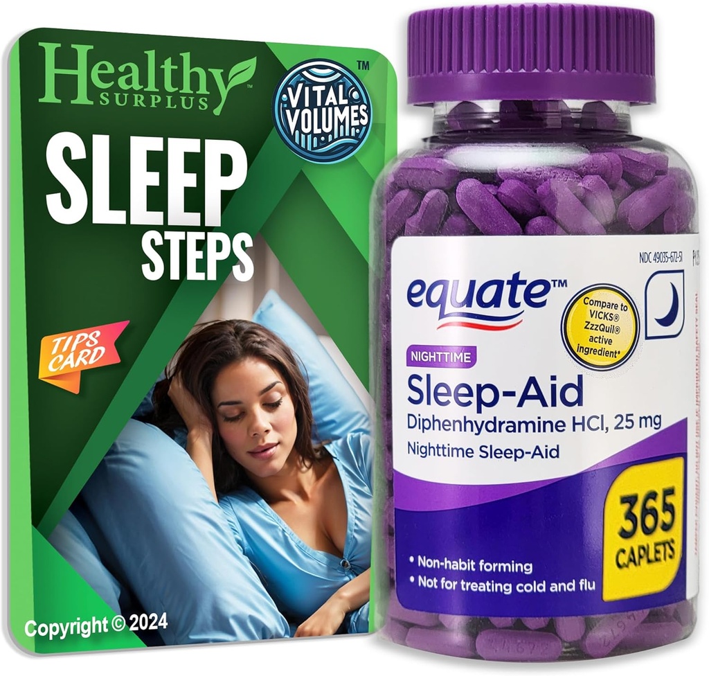 Equate Sleep-Aid Diphenhydramine HCI 25 mg 365 cápsulas y volúmenes vitales Pasos de sueño Consejos Tarjeta