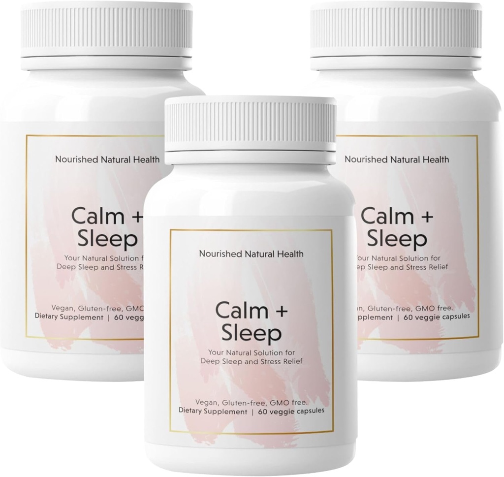 Nourished Natural - Calma + Capsules de sueño para el descanso profundo " Relajación con Ashwagandha, Chamomile, Extracto de cereza de Tarta, Pasionflower, L-theanine, " Magnesio - 180 cápsulas