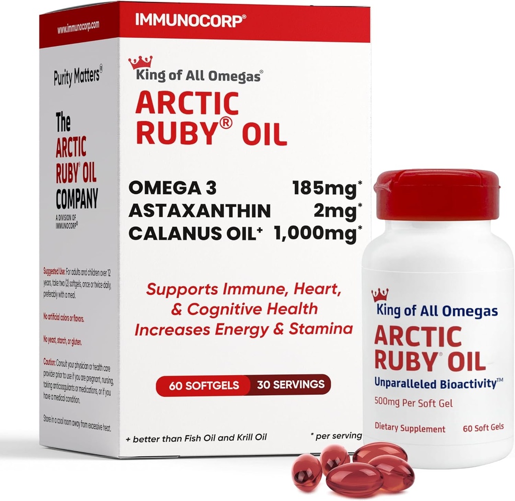 Arctic Ruby Oil 1000mg – Omega 3 Suplemento para Mujeres y Hombres con EPA, DHA &amp; Astaxanthin 2mg - Fish & Krill Oil Alternative – 60 Softgels (1 Pack)