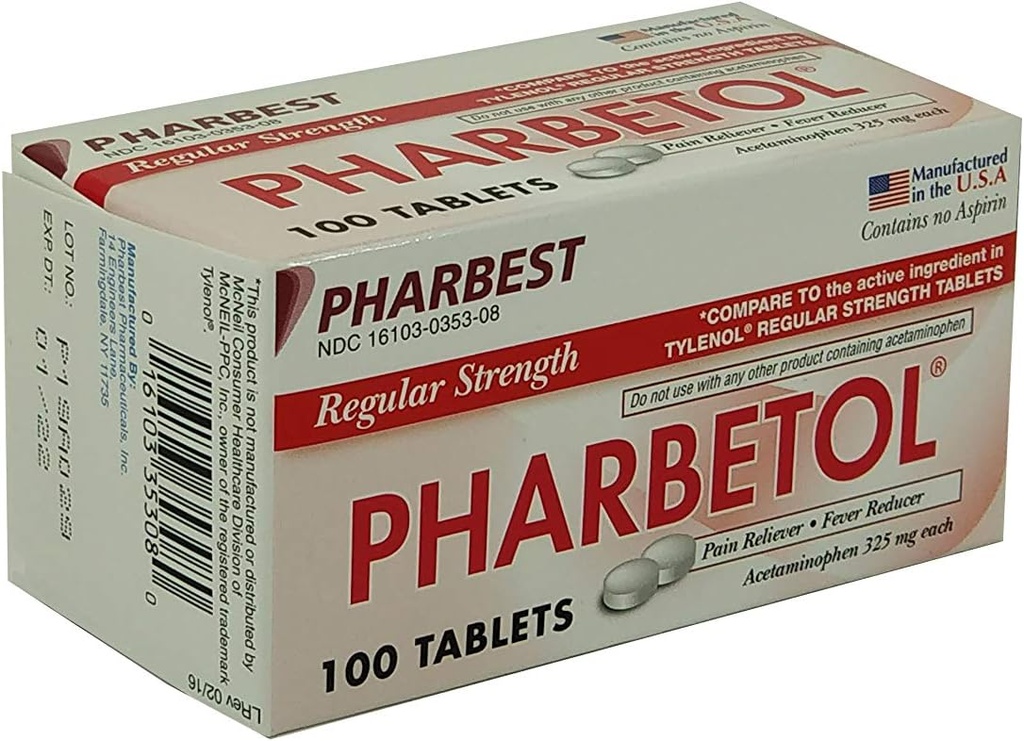 Pharbetol Acetaminophen 325mg Estrés regular, Alimentador de dolor, Tablas de reducción de fiebre,100 Cuenta (Pack of 1)