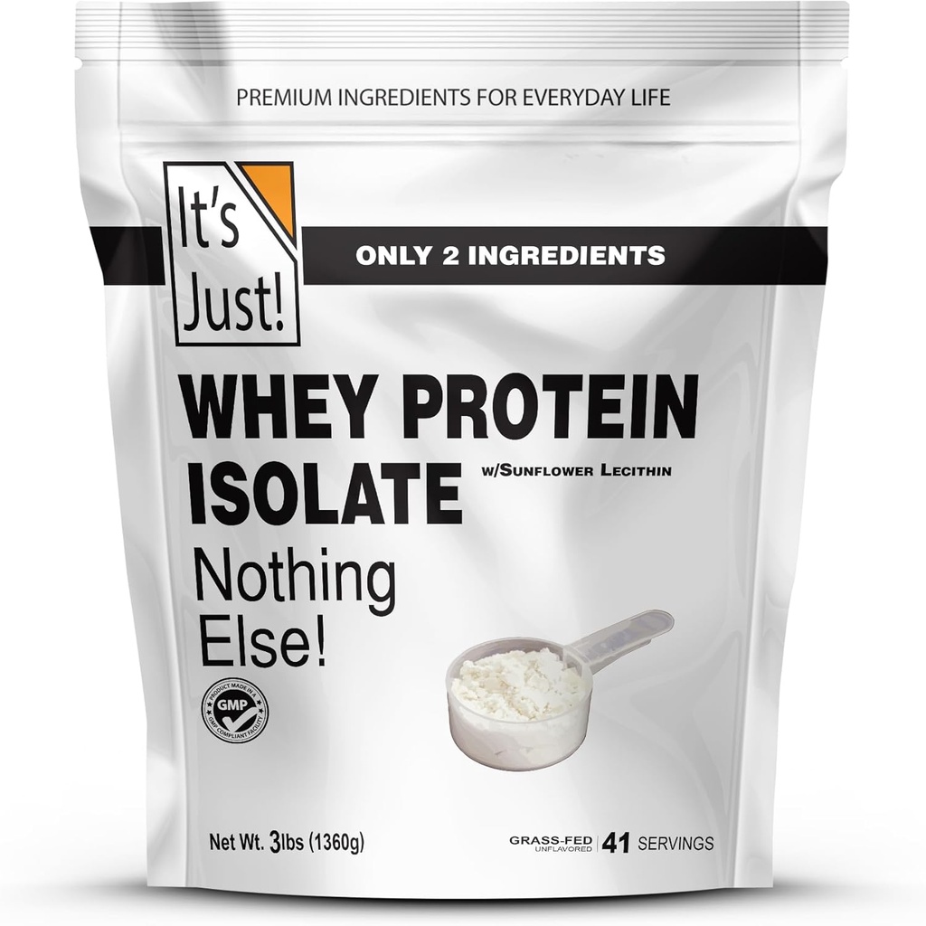 ¡Es justo! - Whey Protein Isolate, Ultra Premium Grass-Fed, Unflavored, Made in USA, Puro 90% Protein, Sólo 1g Carb, No Añadido Sugar (3 libras)