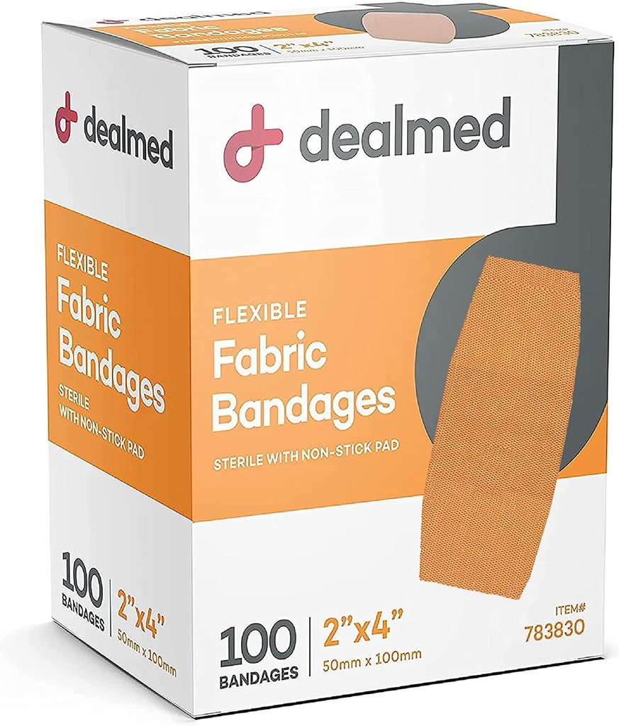 Tela concesionada Bandajes de Adhesivo Flexible con Pad no-Stick, Latex Free, Cuidado de la herida para el kit de primeros auxilios, 2" x 4" (Box de 100)