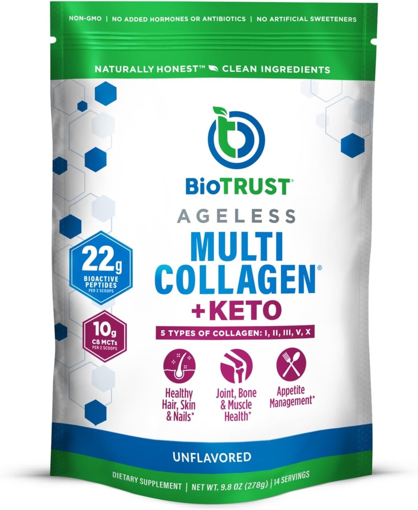 BioTrust Multi Collagen Protein Powder + Keto MCT Oil – 5 Tipos (I, II, III, V, X) & 100% Ácido C8 Caprílico - Soporte Ketones Elevados, Metabolismo, Juntas &amp; Belleza Todo en 1 Colágeno Polvo (Sin sabor)
