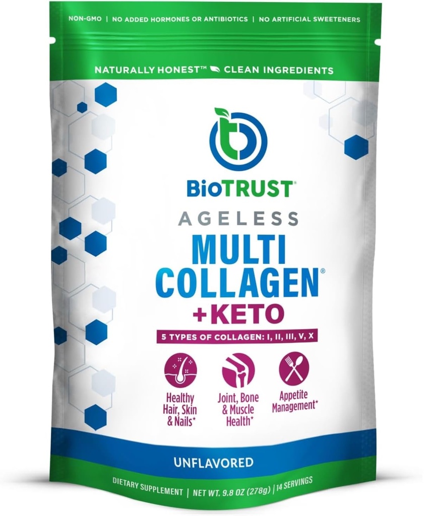 BioTrust Multi Collagen Protein Powder + Keto MCT Oil – 5 Tipos (I, II, III, V, X) & 100% Ácido C8 Caprílico - Soporte Ketones Elevados, Metabolismo, Juntas &amp; Belleza Todo en 1 Colágeno Polvo (Sin sabor)