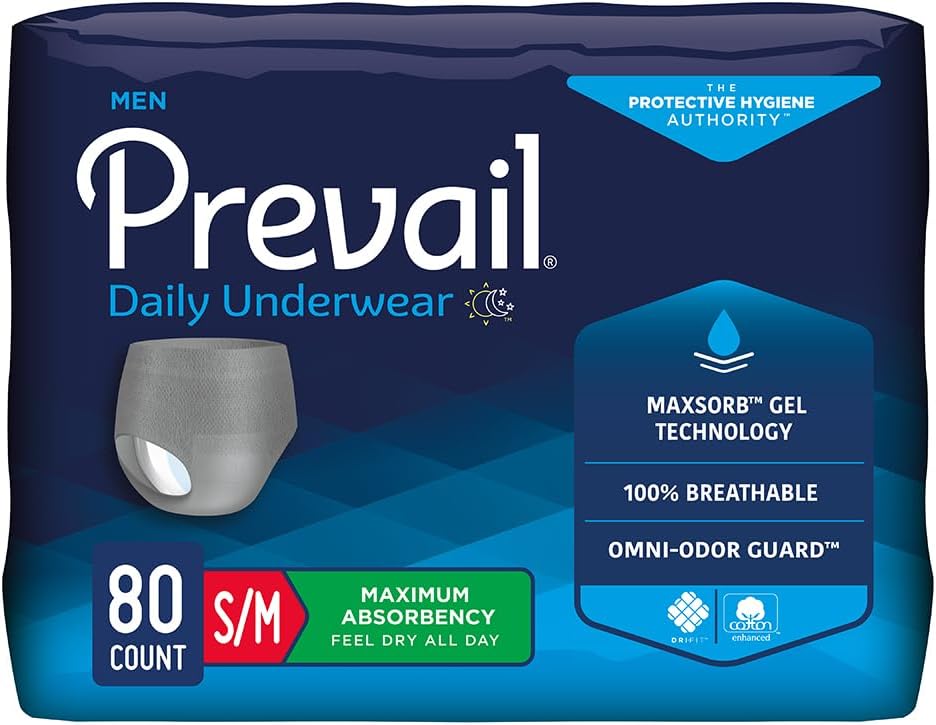 Prevail - Men's Protective Underwear - Pull-up Incontinence Underwear - Disposable Adult Diaper - Maximum Absorbency - Small / Medium - 80 Count (4 packs of 20)