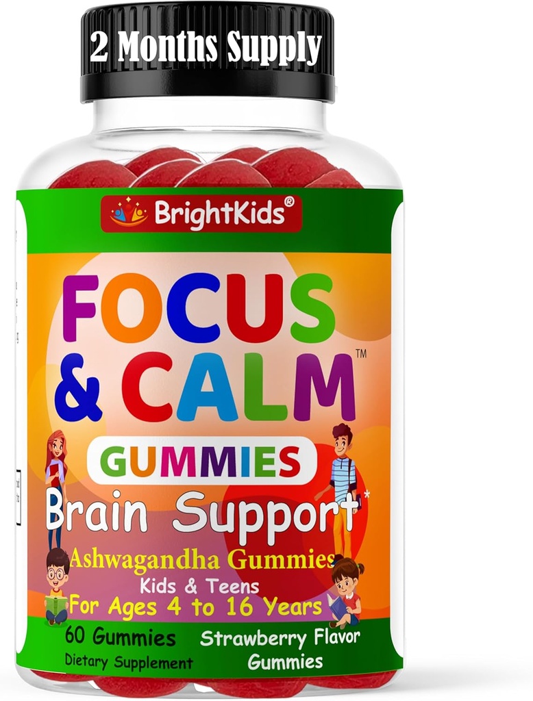 BrightKids Focus " Calm Gummies for Kids with Ashwagandha – Supports Atención, Concentración, Relajación, Mood &amp; Energy – Natural Stress Relief Supplement, Tasty Berry Flavor, Vegan, 60 Days Supply