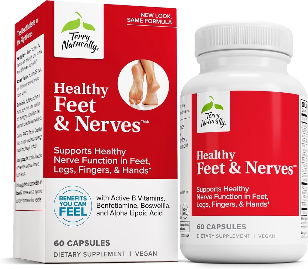 Terry Naturally Healthy Feet &amp; Nerves - Suplemento herbal con vitamina bioactiva B12 - Circulación &amp; Nerve Health Support Suplemento - Capsules veganos con Boswellia Serrata - 60 cápsulas