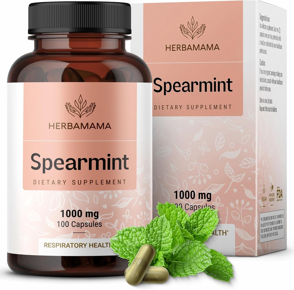 HERBAMAMA Spearmint Leaf Capsules - 1000mg Spearmint Leaves for Gut Cleanse " Digestive Support - Vegan, Non-GMO Mentha Spicata Supplement