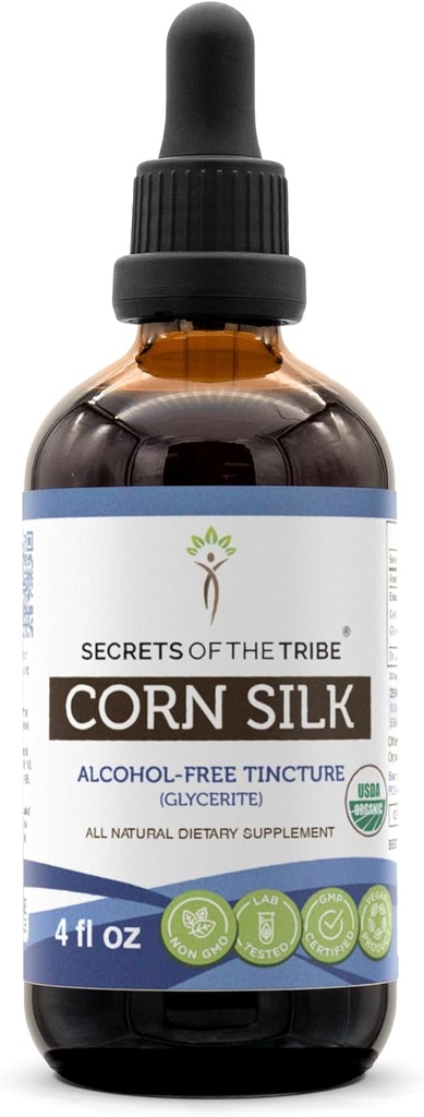 Secrets of the Tribe Corn Silk Tincture Alcohol-Free Extract, USDA Organic Zea Mays Dried Silk Tincture Supplement (4 FL OZ)