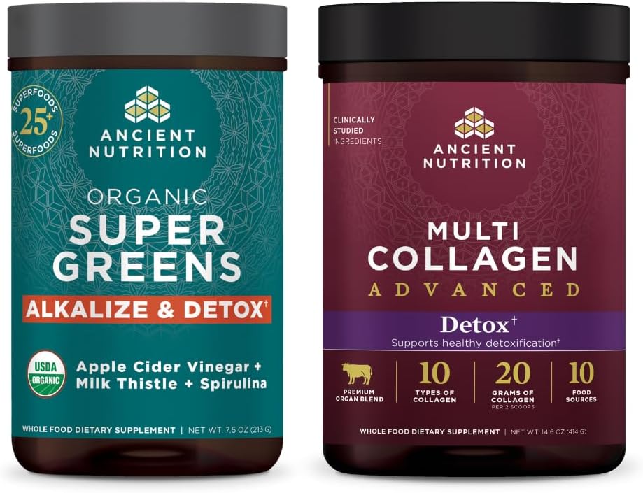 Antigua Nutrición Multi Collagen Advanced Powder Cleanse & Detox, Deflavored, 36 Servings + Orgánico SuperGreens Detox &amp; Alkalize Powder, 25 Servings