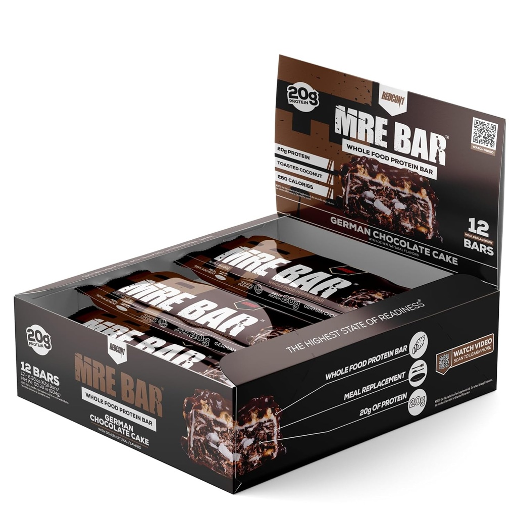 REDCON1 MRE Protein Bar, Pastel de Chocolate Alemán - Contiene MCT Oil + 20g de Proteína Alimentaria Integral - Fácilmente Digestible, Macro Balanced Low Sugar Meal Replacement Bar (12 Bares)