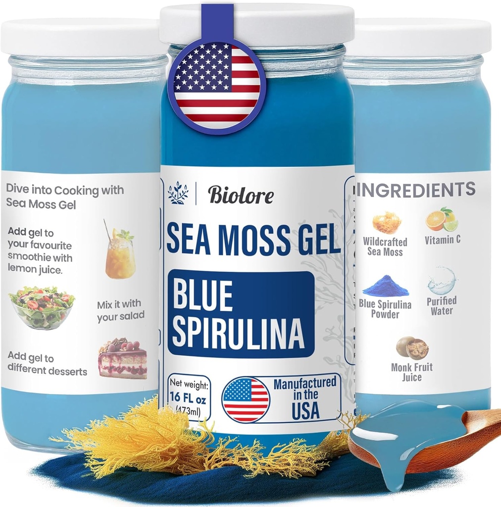 Biolore Wildcrafted Sea Moss Gel - Blue Spirulina 16 oz - Flavored Sea Moss Gel with Essential Vitamins & Trace Minerals - Vegan Superfood - Made in USA, Gluten-Free, No Añadido Sugar