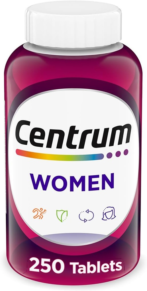Centrum Multivitamin for Women, Multivitamin/Multimineral Supplement with Iron, Vitamin D3, B Vitamins and Antioxidant Vitamins C and E, Gluten Free, Non-GMO Ingredients - 250 Count