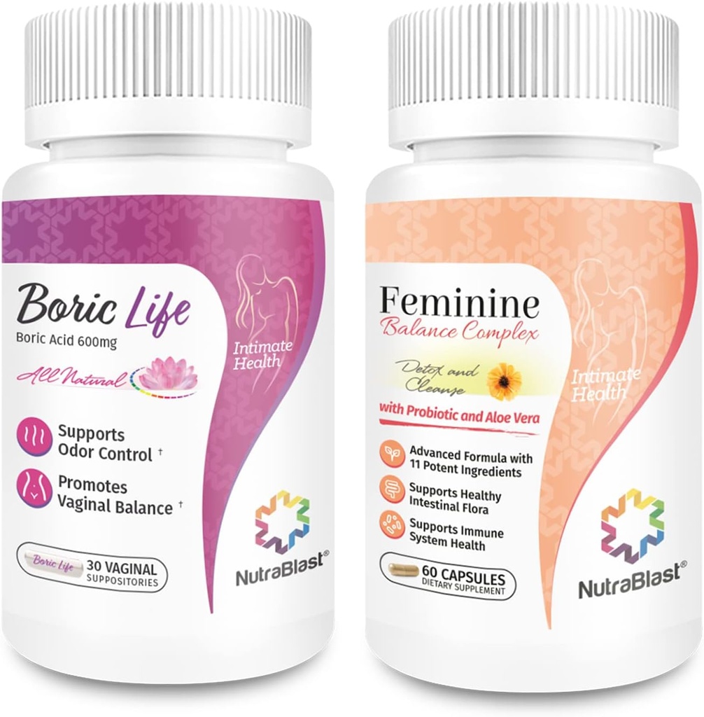 NutraBlast Boric Acid Vaginal Suppositories 600mg (30 Conde) Bundle with Feminine Balance Complex (60 Capsules) ← Vaginal Detox " Cleanse TEN Supports Healthy Intestinal Flora & Immune System
