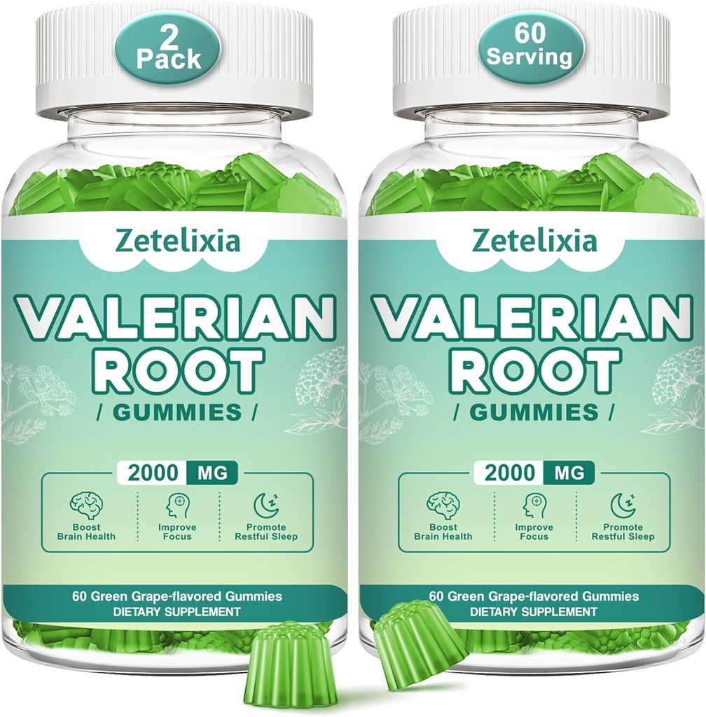 2 Pack Orgánica Valerian Root Gummies, Natural Calm to Help Relaxation, Herbal Supplement for Mood Support, Melatonin Free, Non-GMO, Gluten Free, Vegan, Green Grape Flavor, 120 Conde