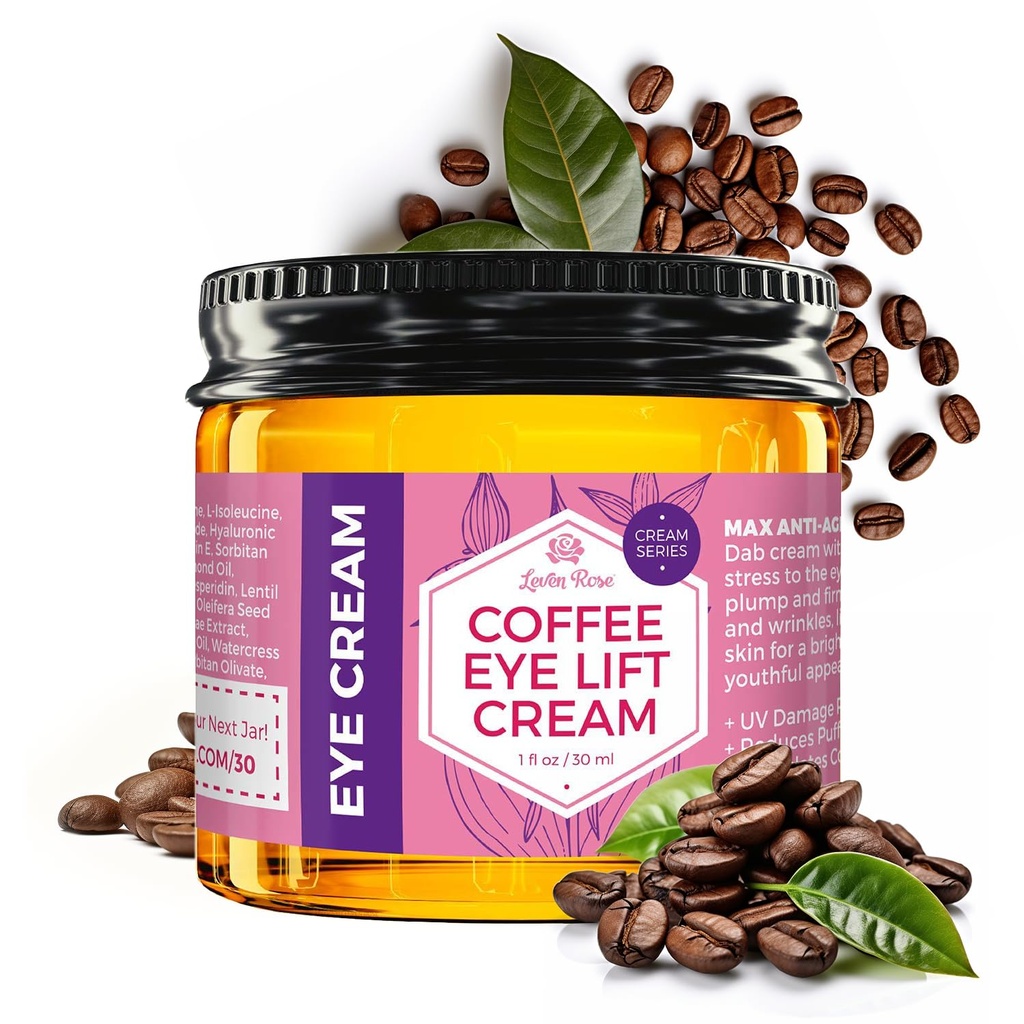 Leven Rose Lifting Cafe Eye Cream with Caffeine 1 oz - Solución Natural para Círculos Oscuros y Puffiness - Firming Anti-Aging Under Eye Treatment