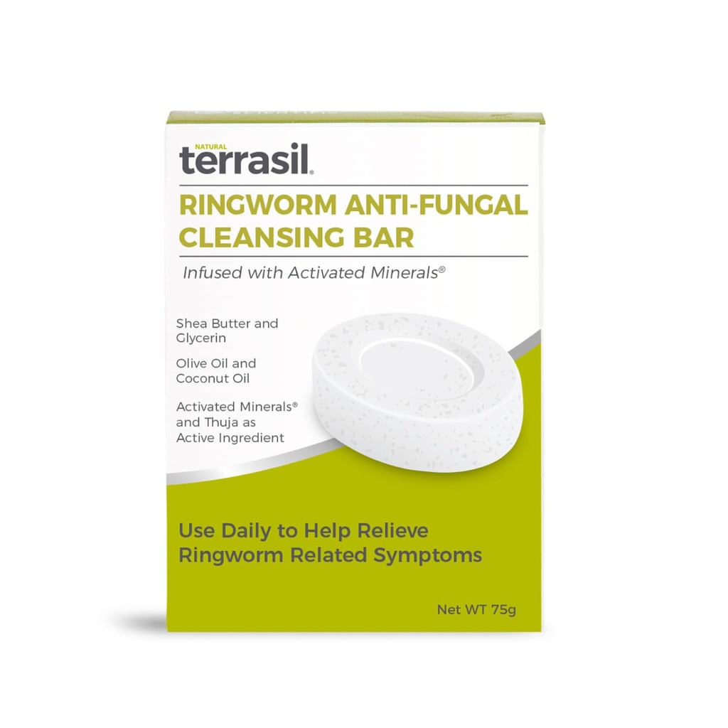 Terrasil Antifungal Ringworm Soap (75g) Ring Worm Soap Bar con ingredientes naturales con aceite de coco &amp; manteca de cacahuete, tratamiento de rosca para humanos Salto antifungal de piel, Dermatólogo testado