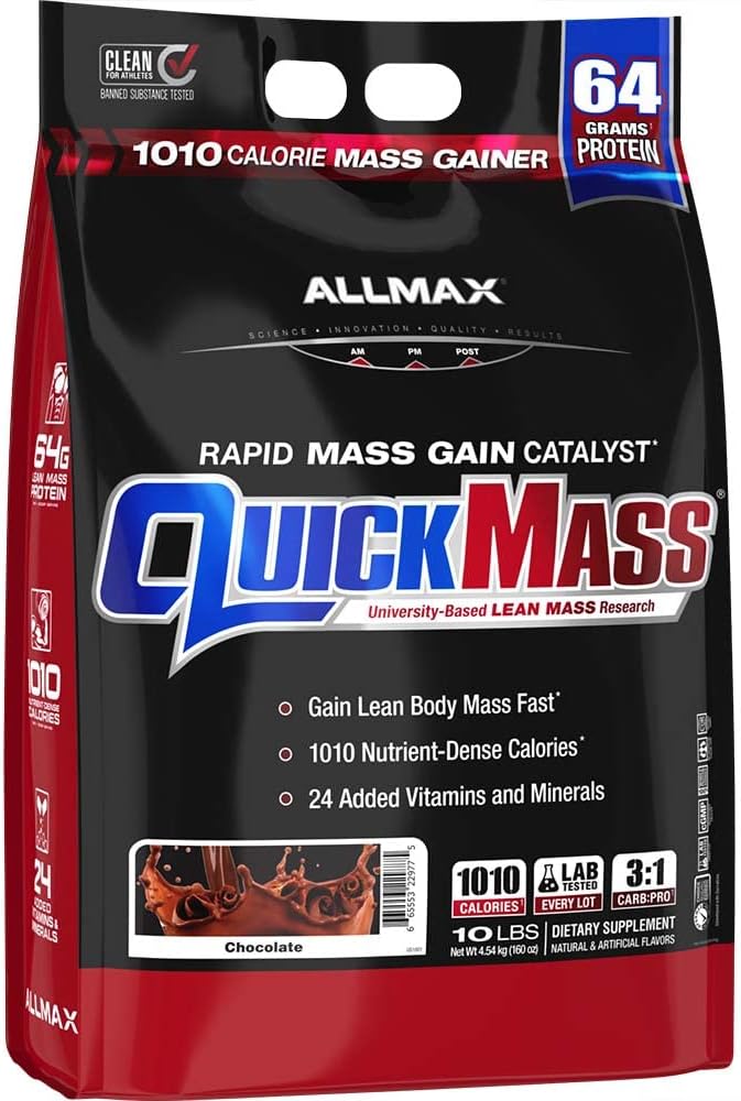 ALLMAX QUICKMASS, Chocolate - 10 lb - Catalyst de Ganancia de Masa Rápida - Hasta 64 Gramos de Proteína Por Servir - 3:1 Carb a Protein Ratio - Zero Trans Fat - Hasta 70 Servings