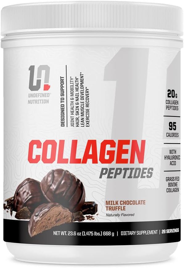 Peptides de Collagen de Nutrición Indefinidos por Brian Shaw (28 Servings) – Peptides Collagen 20g con ácido hialurónico - promueve el músculo, el pelo, la uñas, la piel, el hueso y la salud conjunta (1,25 libras, Trufa de Chocolate)